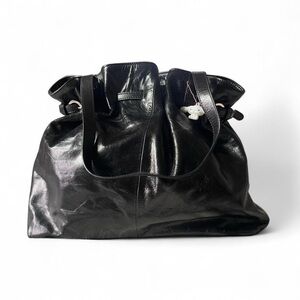 Pleated Black Leather Hobo Bag